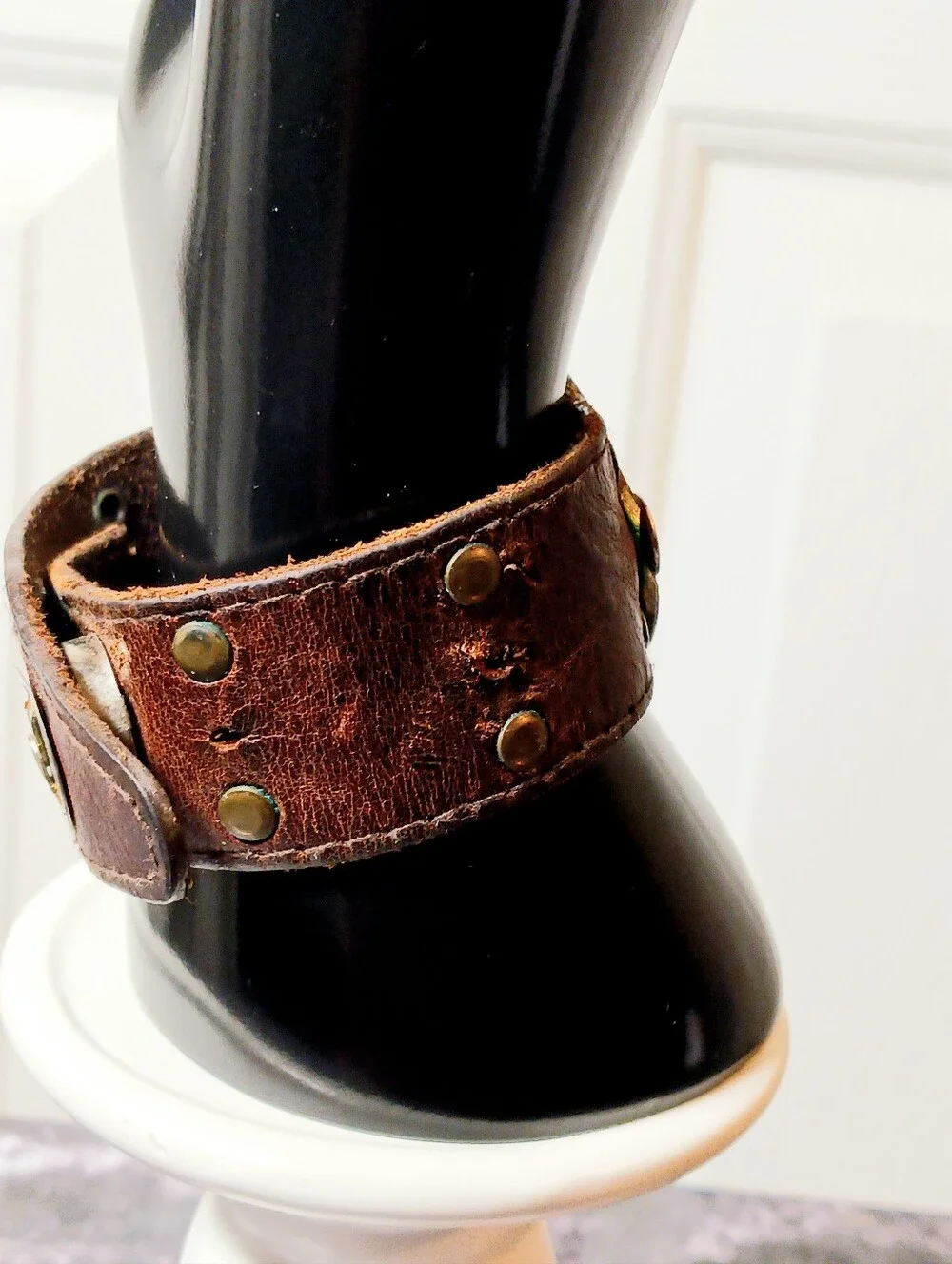 Handcrafted Brown Leather Cuff Bracelet with Brass Plate 